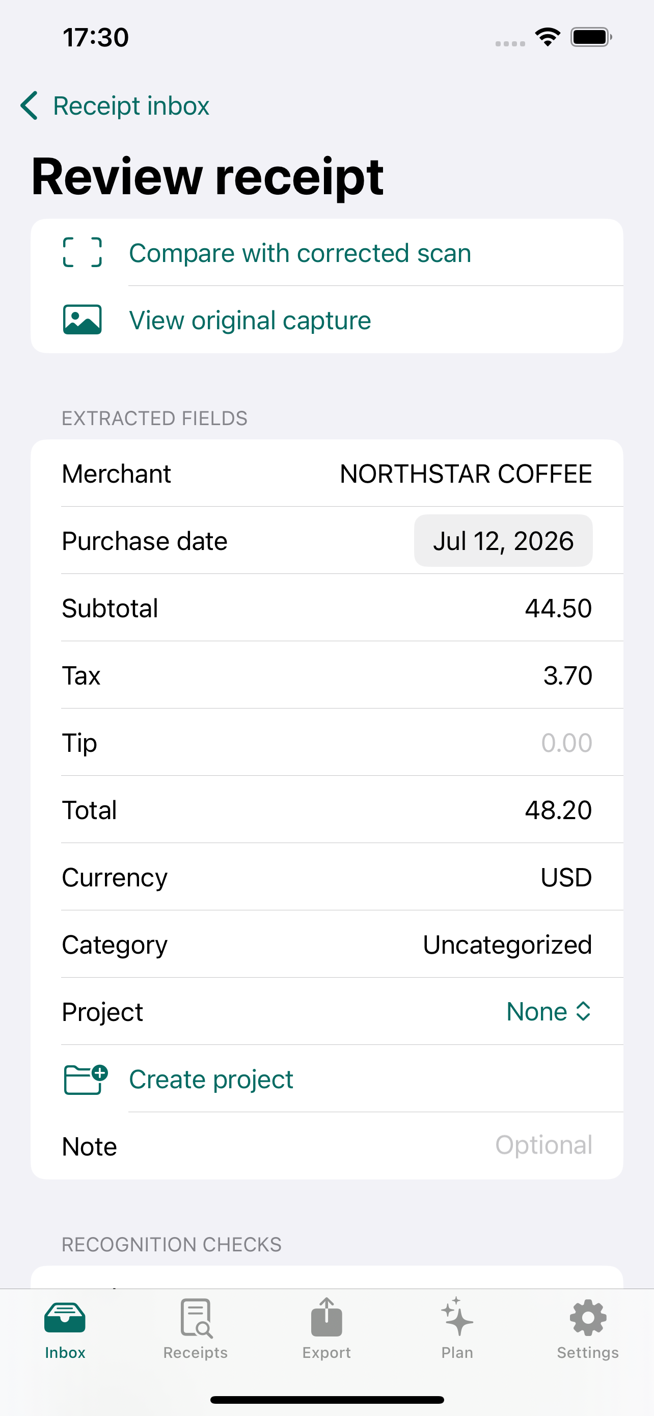 RecordSlip receipt review interface